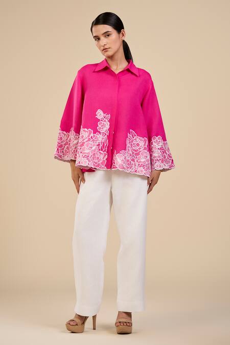 Buy Origani Pink Linen Embroidery Collared Floral Cutwork Shirt Online at Aza Fashions Buy_Origani_Pink Linen Embroidery Collared Floral Cutwork Shirt _Online_at_Aza_Fashions