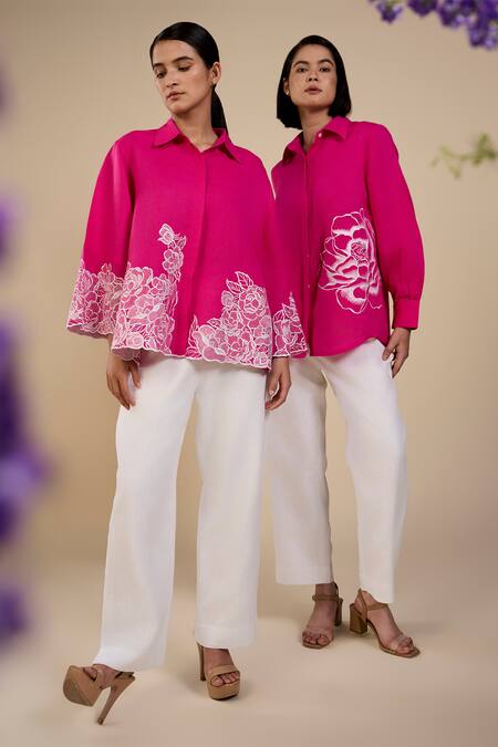 Shop Origani Pink Linen Embroidery Collared Floral Cutwork Shirt Online at Aza Fashions Shop_Origani_Pink Linen Embroidery Collared Floral Cutwork Shirt _Online_at_Aza_Fashions