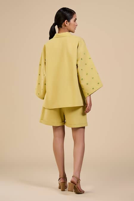 Shop Origani Green Linen, Voile Embroidery Collared Sleeve Shirt And Shorts Set at Aza Fashions Shop_Origani_Green Linen, Voile Embroidery Collared Sleeve Shirt And Shorts Set _at_Aza_Fashions