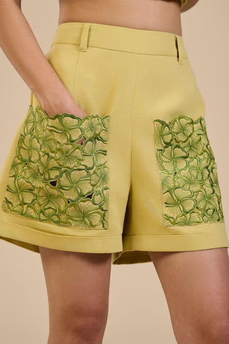 Origani Green Linen Embroidery Floral Cutwork Shorts Online at Aza Fashions Origani_Green Linen Embroidery Floral Cutwork Shorts _Online_at_Aza_Fashions