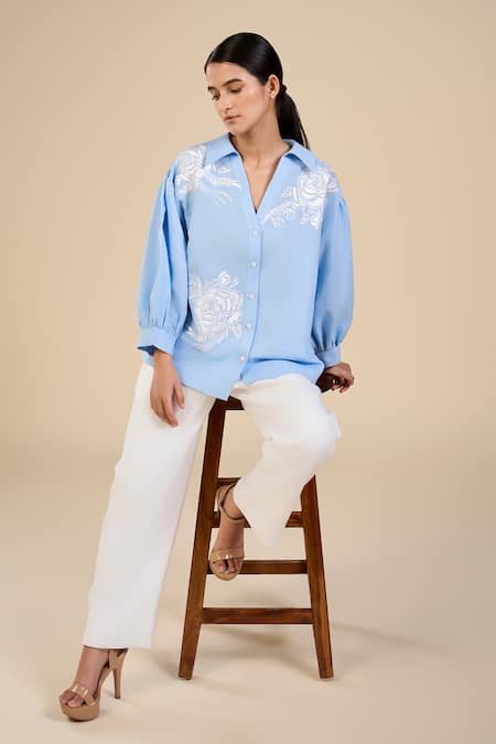 Shop Origani Blue Linen, Voile Embroidery Collared Floral Shirt And Pant Set at Aza Fashions Shop_Origani_Blue Linen, Voile Embroidery Collared Floral Shirt And Pant Set _at_Aza_Fashions