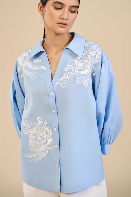 Origani Blue Linen, Voile Embroidery Collared Floral Shirt And Pant Set Online at Aza Fashions Origani_Blue Linen, Voile Embroidery Collared Floral Shirt And Pant Set _Online_at_Aza_Fashions