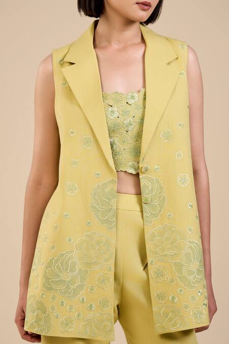 Origani Green Linen, Voile Embroidery Square Neck Floral Cutwork Bustier Online at Aza Fashions Origani_Green Linen, Voile Embroidery Square Neck Floral Cutwork Bustier _Online_at_Aza_Fashions