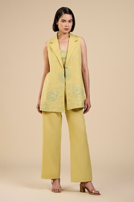 ORIGANI Floral Embroidered Jacket Pant Set 