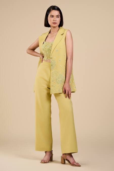 Shop Origani Green Linen, Voile Embroidery Collared, Square Neck Floral Jacket Pant Set Online at Aza Fashions Shop_Origani_Green Linen, Voile Embroidery Collared, Square Neck Floral Jacket Pant Set _Online_at_Aza_Fashions