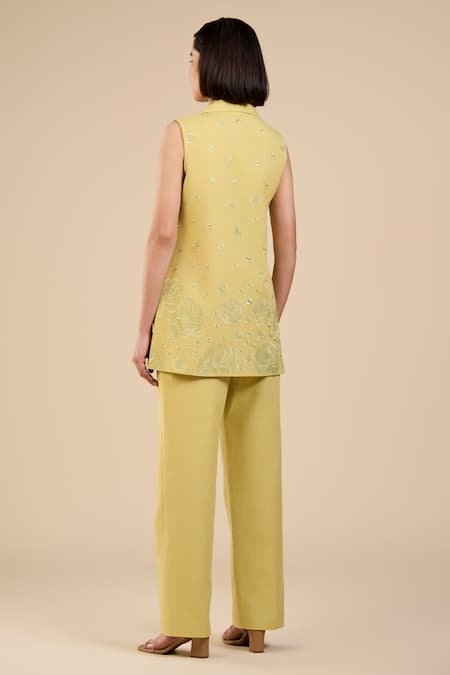 Origani Green Linen, Voile Embroidery Collared Floral Sleeveless Jacket Online at Aza Fashions Origani_Green Linen, Voile Embroidery Collared Floral Sleeveless Jacket _Online_at_Aza_Fashions