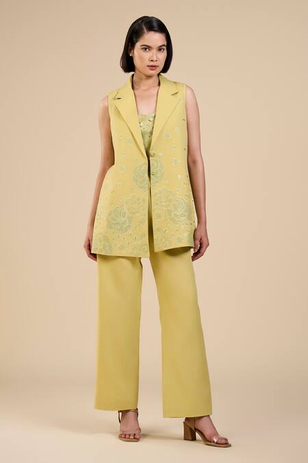Buy Origani Green Linen, Voile Embroidery Collared Floral Sleeveless Jacket Online at Aza Fashions Buy_Origani_Green Linen, Voile Embroidery Collared Floral Sleeveless Jacket _Online_at_Aza_Fashions