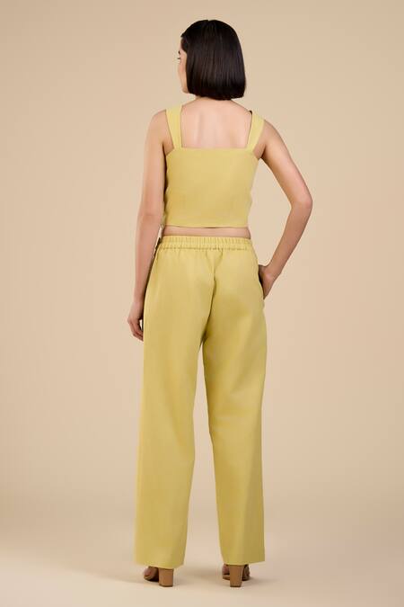 Origani_Green Linen Blend High Waist Straight Cut Pant_Online_at_Aza_Fashions