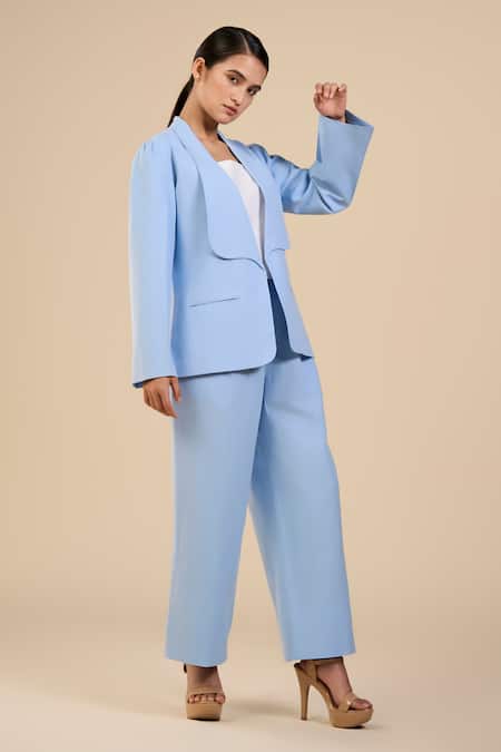 ORIGANI Blue Linen Blend Plain Broad Lapel Collar Jacket And Pant Set