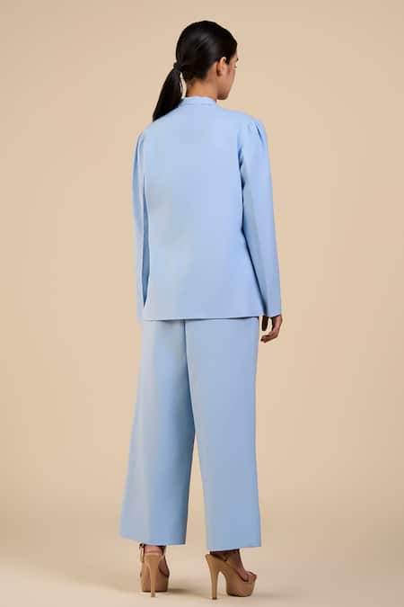 Shop_Origani_Blue Linen, Voile Broad Lapel Collar Jacket And Pant Set _at_Aza_Fashions