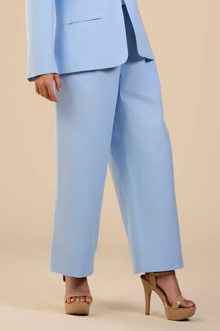 Origani_Blue Linen, Voile Broad Lapel Collar Jacket And Pant Set _Online_at_Aza_Fashions