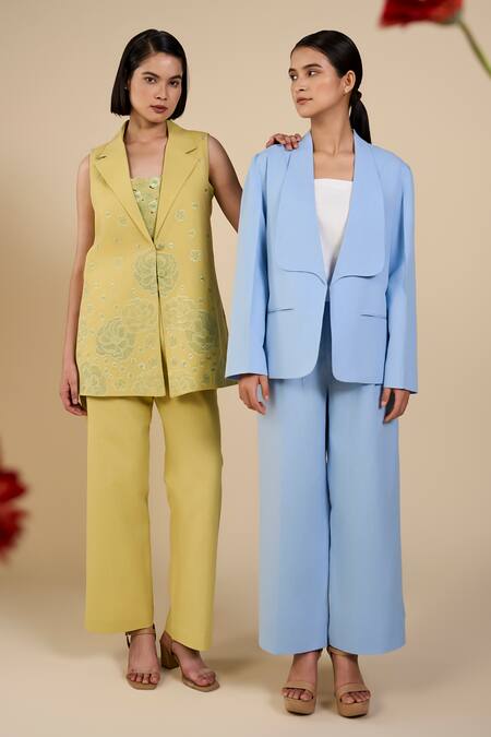 Buy_Origani_Blue Linen, Voile Broad Lapel Collar Jacket And Pant Set _Online_at_Aza_Fashions