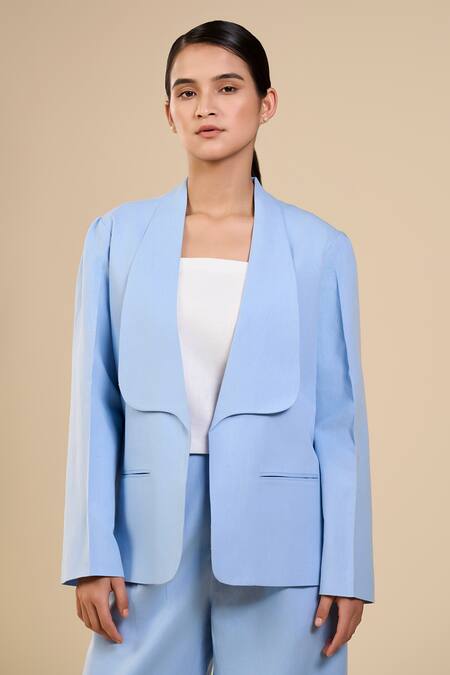 Shop_Origani_Blue Linen, Voile Broad Lapel Collar Jacket And Pant Set _Online_at_Aza_Fashions