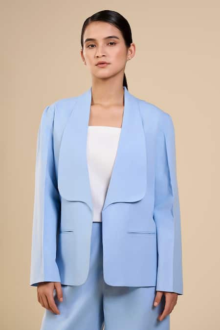 ORIGANI Blue Linen Blend Plain Broad Lapel Collar Jacket