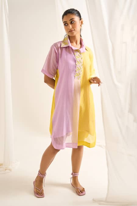 Himani Punatar Purple Chanderi Embroidery Geometric Collar Neck Colorblocked Placket Dress 