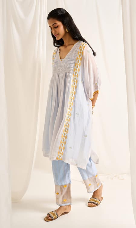 Himani Punatar Blue Chanderi, Cotton Embroidery V-neck Diamond Vine Patchwork Kaftan Set Online at Aza Fashions Himani Punatar_Blue Chanderi, Cotton Embroidery V-neck Diamond Vine Patchwork Kaftan Set_Online_at_Aza_Fashions