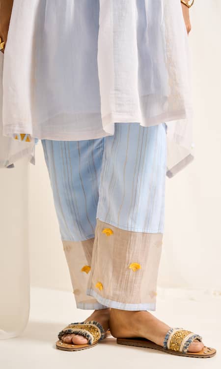 Shop Himani Punatar Blue Chanderi, Cotton Embroidery V-neck Diamond Vine Patchwork Kaftan Set Online at Aza Fashions Shop_Himani Punatar_Blue Chanderi, Cotton Embroidery V-neck Diamond Vine Patchwork Kaftan Set_Online_at_Aza_Fashions