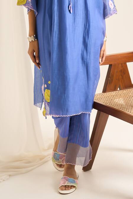 Shop Himani Punatar Blue Chanderi, Cotton Embroidery Round Neck Gardenia Patchwork Kurta Set at Aza Fashions Shop_Himani Punatar_Blue Chanderi, Cotton Embroidery Round Neck Gardenia Patchwork Kurta Set_at_Aza_Fashions