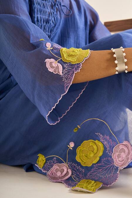 Himani Punatar Blue Chanderi, Cotton Embroidery Round Neck Gardenia Patchwork Kurta Set Online at Aza Fashions Himani Punatar_Blue Chanderi, Cotton Embroidery Round Neck Gardenia Patchwork Kurta Set_Online_at_Aza_Fashions