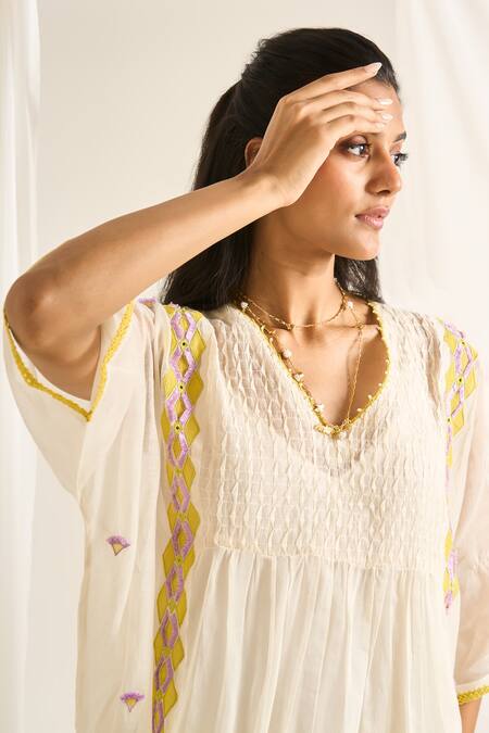 Himani Punatar_Off White Chanderi, Cotton Embroidery Prism Vine Patchwork Kaftan With Pant_Online_at_Aza_Fashions
