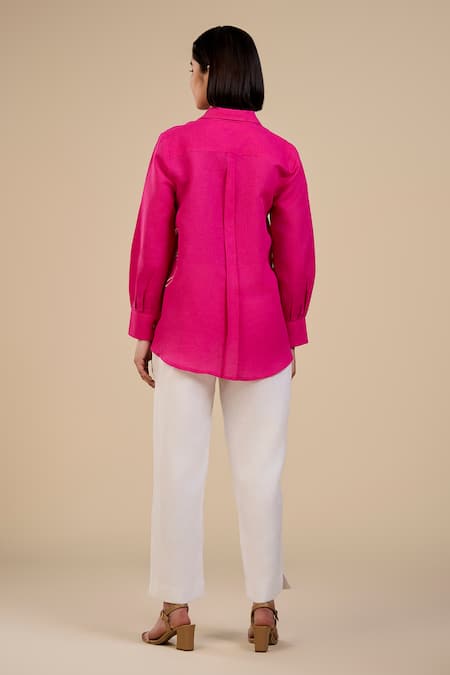 Shop Origani Pink Linen Embroidery Collared Blooming Rose Shirt With Pant at Aza Fashions Shop_Origani_Pink Linen Embroidery Collared Blooming Rose Shirt With Pant _at_Aza_Fashions