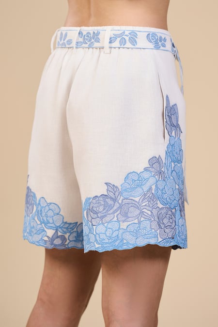 Shop Origani White Linen Embroidery Rose Bud Shorts With Belt at Aza Fashions Shop_Origani_White Linen Embroidery Rose Bud Shorts With Belt _at_Aza_Fashions