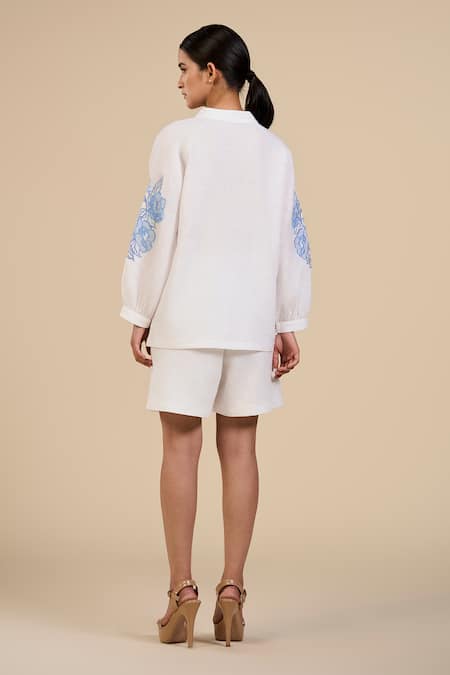 Shop Origani White Linen Embroidery Collared Rosette Sleeve Blouse at Aza Fashions Shop_Origani_White Linen Embroidery Collared Rosette Sleeve Blouse _at_Aza_Fashions