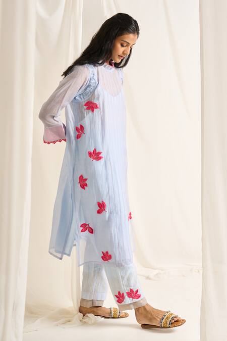 Buy_Himani Punatar_Blue Chanderi, Cotton Embroidery Round Neck Leafy Luna Patchwork Kurta With Pant_Online_at_Aza_Fashions