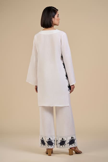 Shop Origani White Linen Embroidery V-neck Primrose Tunic With Pant at Aza Fashions Shop_Origani_White Linen Embroidery V-neck Primrose Tunic With Pant _at_Aza_Fashions