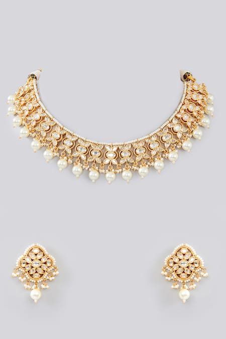 Shop Zevar By Geeta Gold Plated Pearls, Diamonds Kundan And Embellished Choker Necklace Set at Aza Fashions Shop_Zevar By Geeta_Gold Plated Pearls, Diamonds Kundan And Embellished Choker Necklace Set _at_Aza_Fashions