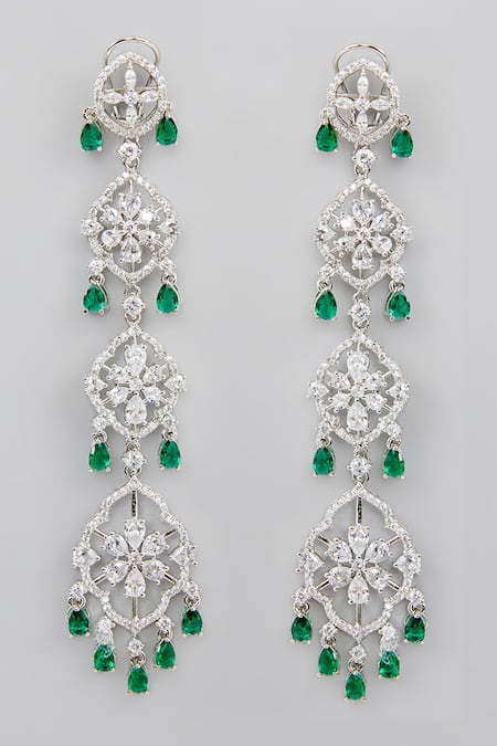 Shop Zevar By Geeta Green Fabric Flowers, Stones Tiered Faux Diamond Studded Dangler Earrings at Aza Fashions Shop_Zevar By Geeta_Green Fabric Flowers, Stones Tiered Faux Diamond Studded Dangler Earrings _at_Aza_Fashions