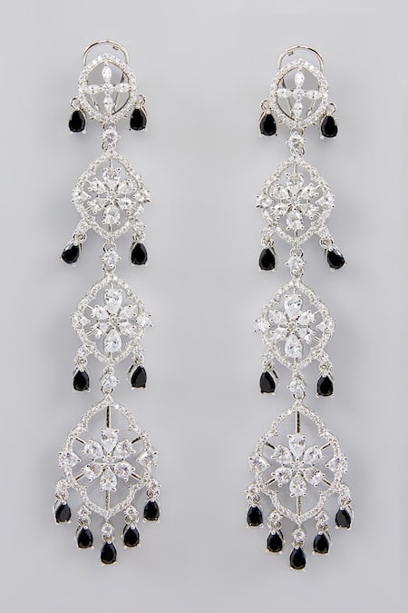 Shop Zevar By Geeta Black Fabric Flowers, Diamonds Faux Studded Long Dangler Earrings at Aza Fashions Shop_Zevar By Geeta_Black Fabric Flowers, Diamonds Faux Studded Long Dangler Earrings _at_Aza_Fashions