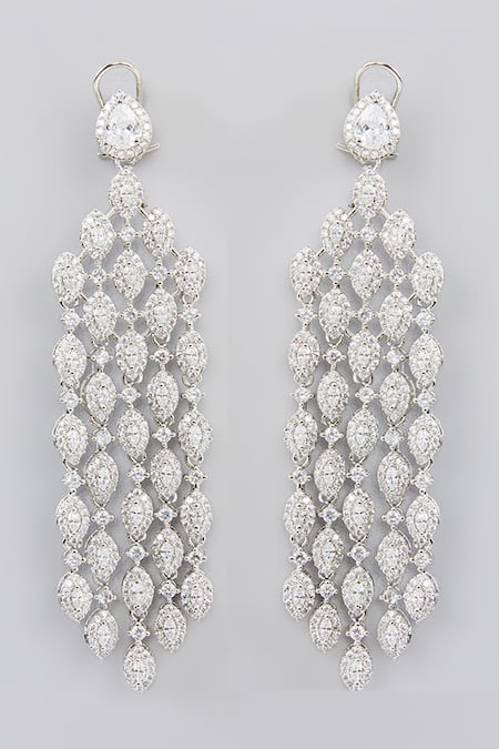 Shop Zevar By Geeta White Fabric Flowers, Diamonds Faux Embellished Danglers at Aza Fashions Shop_Zevar By Geeta_White Fabric Flowers, Diamonds Faux Embellished Danglers _at_Aza_Fashions