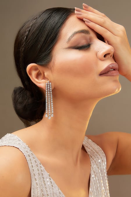 Zevar By Geeta White Imitation Diamonds Faux Studded String Earrings 