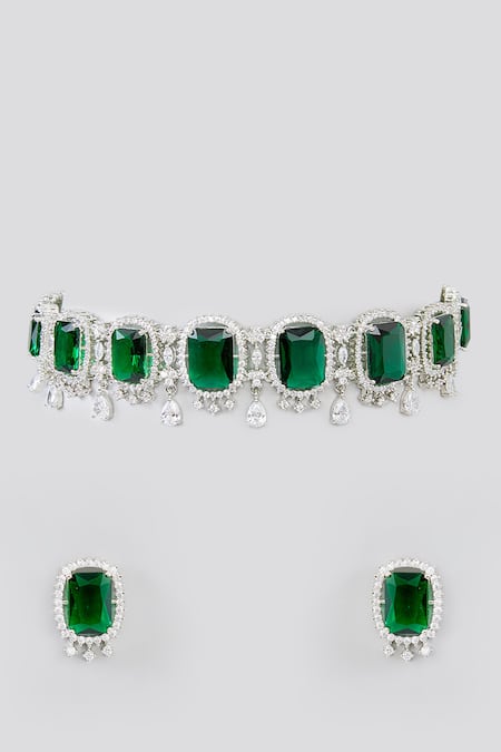 Shop Zevar By Geeta Green Stones Faux Diamond And Studded Necklace Set at Aza Fashions Shop_Zevar By Geeta_Green Stones Faux Diamond And Studded Necklace Set _at_Aza_Fashions