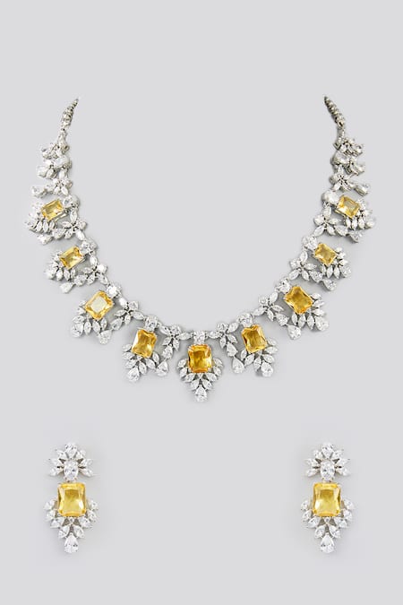 Shop Zevar By Geeta Yellow Imitation Diamonds Stone Embellished Necklace Set at Aza Fashions Shop_Zevar By Geeta_Yellow Imitation Diamonds Stone Embellished Necklace Set _at_Aza_Fashions
