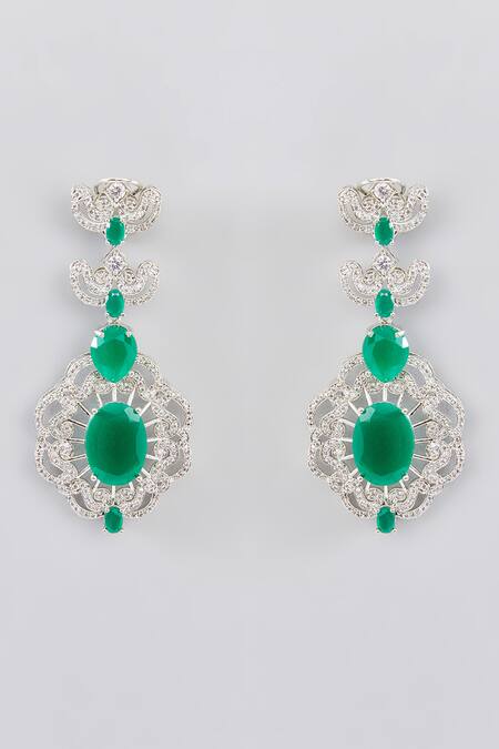 Zevar By Geeta_Green Fabric Flowers, Stones, Diamonds Layered Embellished Bridal Necklace Set_Online_at_Aza_Fashions