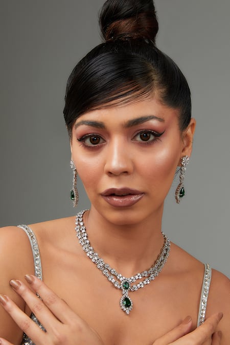 Zevar By Geeta Green Diamonds, Stones Double Layered Embellished Necklace Set