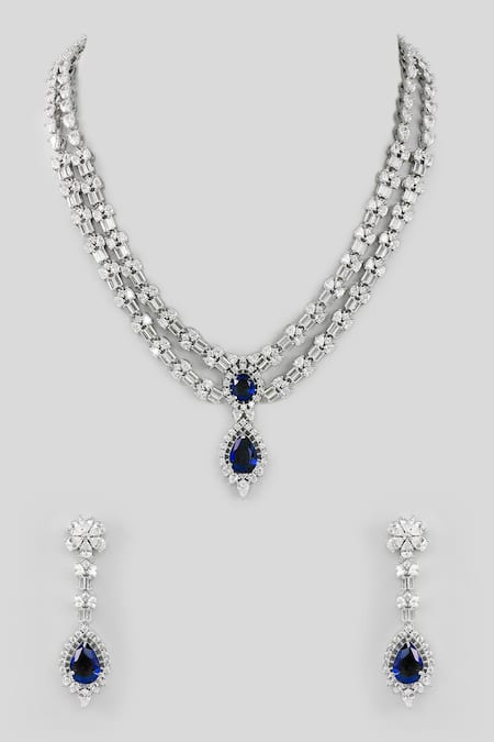 Shop Zevar By Geeta Blue Imitation Diamonds Double Layered Stone Embellished Jewellery Set at Aza Fashions Shop_Zevar By Geeta_Blue Imitation Diamonds Double Layered Stone Embellished Jewellery Set _at_Aza_Fashions