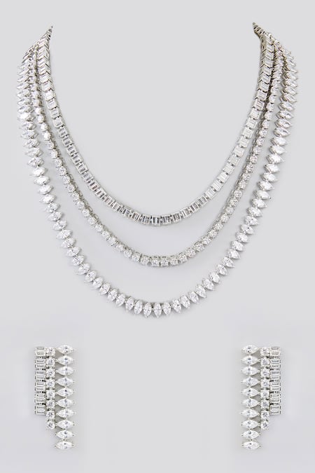 Shop Zevar By Geeta White Imitation Diamonds Geometric Layered Stone Embellished Jewellery Set at Aza Fashions Shop_Zevar By Geeta_White Imitation Diamonds Geometric Layered Stone Embellished Jewellery Set _at_Aza_Fashions