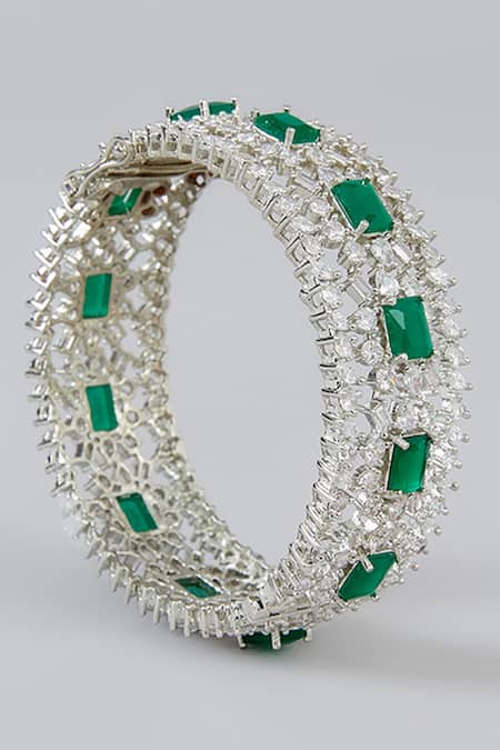 Zevar By Geeta Green Fabric Flowers, Diamonds Contrast Stone Embellished 2 Pcs Kadas Online at Aza Fashions Zevar By Geeta_Green Fabric Flowers, Diamonds Contrast Stone Embellished 2 Pcs Kadas _Online_at_Aza_Fashions