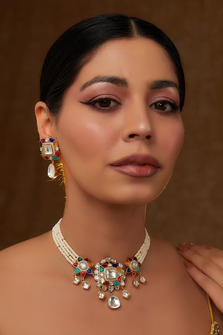 Zevar By Geeta Gold Plated Pearls, Gota Patti Floral Kundan Embellished Necklace Set 