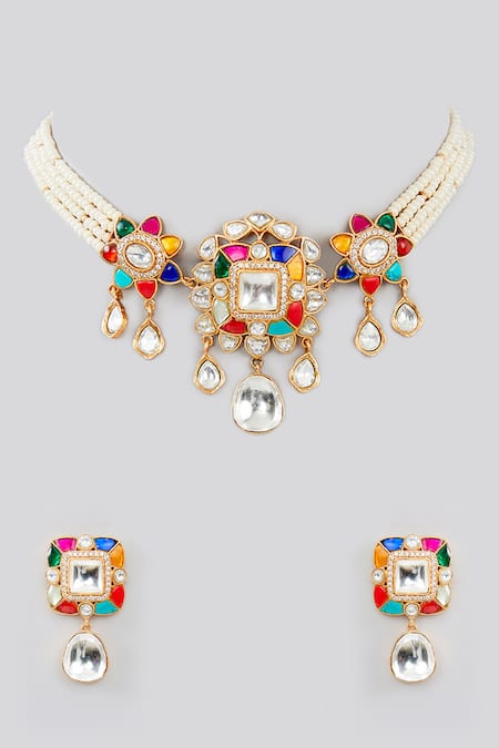 Zevar By Geeta Floral Kundan Embellished Necklace Set 