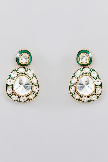 Zevar By Geeta_Green Imitation Diamonds Polki Embellished Necklace Set _Online_at_Aza_Fashions