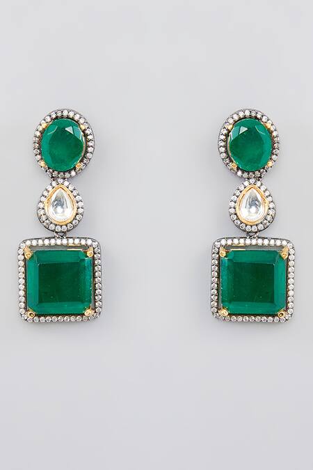 Zevar By Geeta Green Diamonds, Stones Layered Polki Embellished Necklace Set Online at Aza Fashions Zevar By Geeta_Green Diamonds, Stones Layered Polki Embellished Necklace Set _Online_at_Aza_Fashions