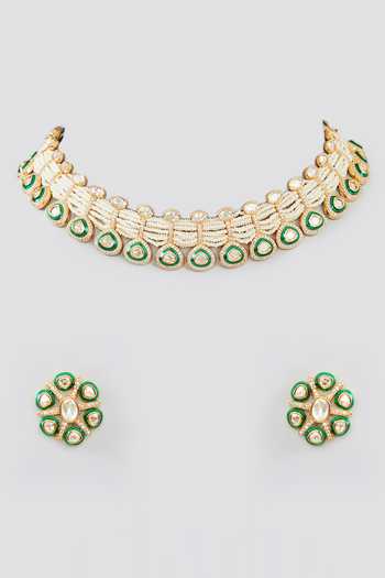 Shop Zevar By Geeta Gold Plated Gota Patti Floret Kundan And Polki Embellished Jewellery Set at Aza Fashions Shop_Zevar By Geeta_Gold Plated Gota Patti Floret Kundan And Polki Embellished Jewellery Set _at_Aza_Fashions
