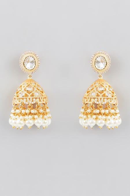 Zevar By Geeta_Gold Plated Pearls, Gota Patti Amaryllis Kundan Embellished Jewellery Set _Online_at_Aza_Fashions