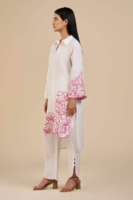 Shop Origani White Linen Embroidery V-neck Rose Garden Tunic And Pant Set at Aza Fashions Shop_Origani_White Linen Embroidery V-neck Rose Garden Tunic And Pant Set _at_Aza_Fashions