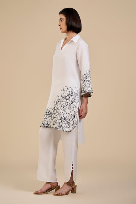 Origani White Linen Embroidery V-neck Rose Garden Tunic With Pant Online at Aza Fashions Origani_White Linen Embroidery V-neck Rose Garden Tunic With Pant _Online_at_Aza_Fashions