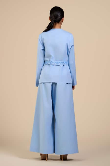 Origani Blue Linen, Voile Embroidery V-neck Rosette Jacket With Pant Online at Aza Fashions Origani_Blue Linen, Voile Embroidery V-neck Rosette Jacket With Pant _Online_at_Aza_Fashions